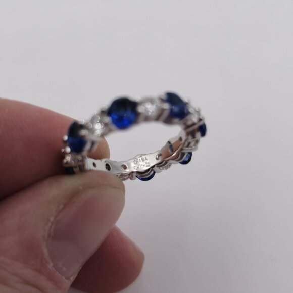 Size 5 Sterling Silver Oval Blue And Round Clear Cubic Zirconia Ring A2734 - Picture 6 of 9